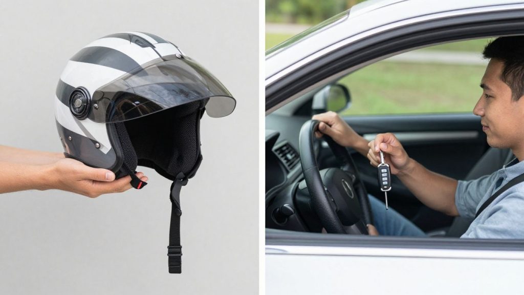 Motorcycle en auto sleutels met helmen en stuur